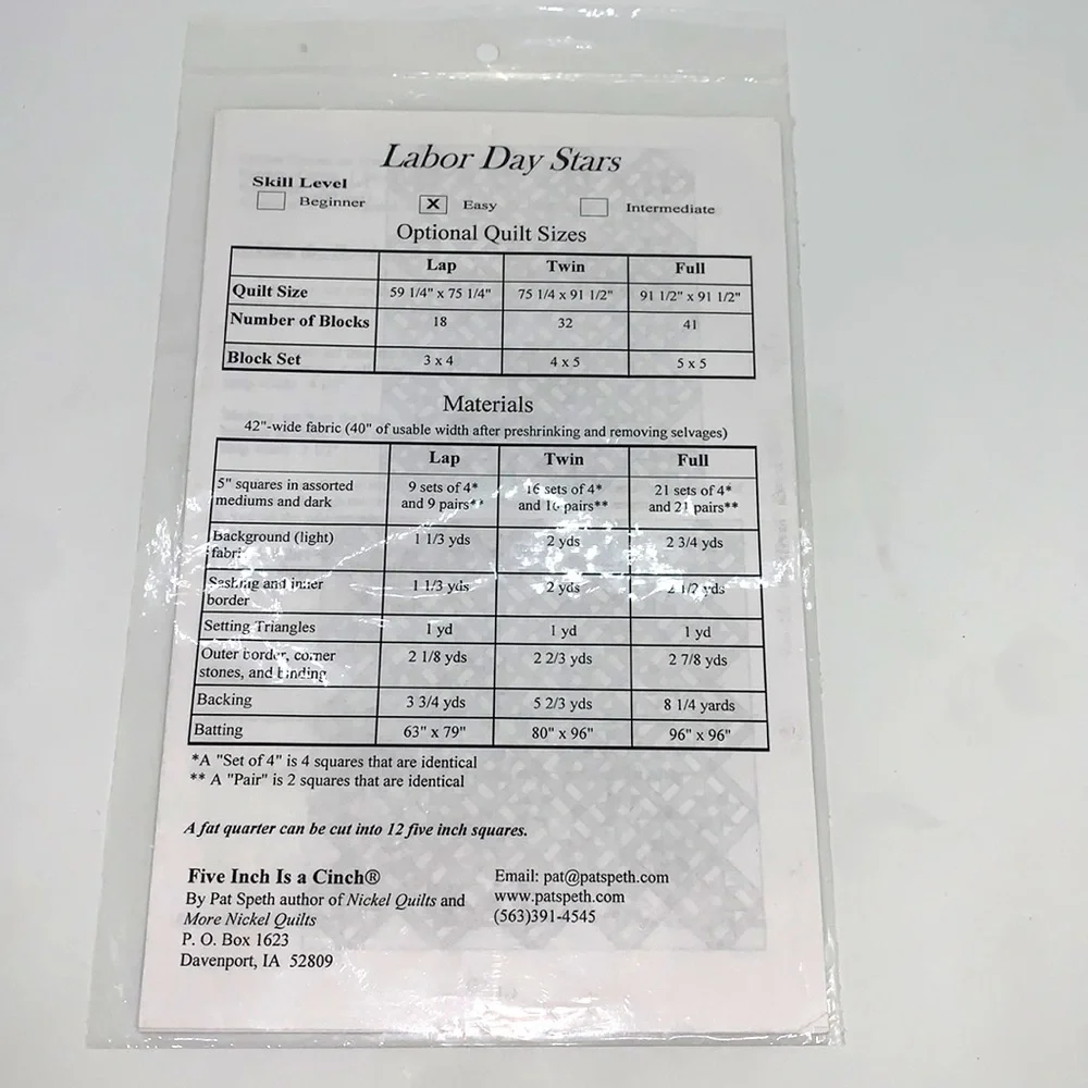 Five Inch Is a Cinch Quilt Pattern “Labor Day Stars” : 5 inch squares in 3 sizes